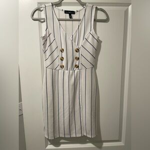 Derek Heart White and Blue Striped Midi Dress with Gold Accents